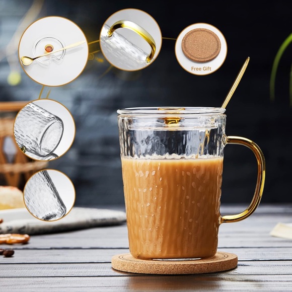 Coffee Mug,400ml/13oz Glass Mug Borosilicate Glass Coffee Mug with Lid and Spoon - Picture 3 of 6